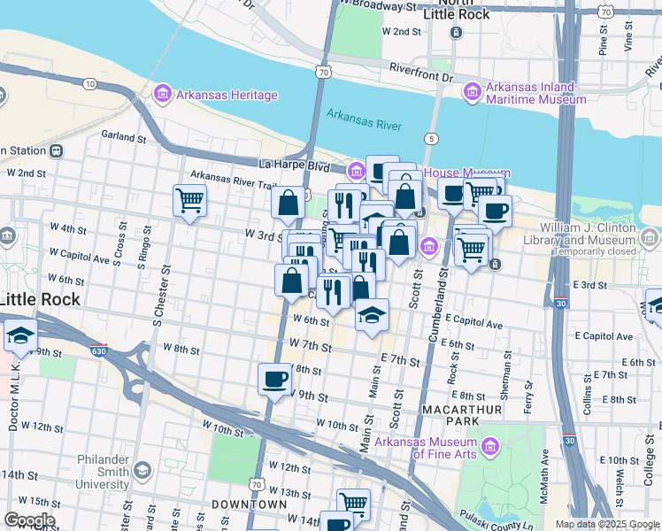 map of restaurants, bars, coffee shops, grocery stores, and more near 320w West 4th Street in Little Rock
