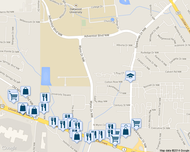 map of restaurants, bars, coffee shops, grocery stores, and more near 5121 7 Pine Circle in Huntsville