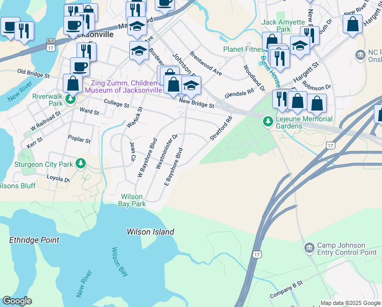 map of restaurants, bars, coffee shops, grocery stores, and more near 109 Stratford Road in Jacksonville