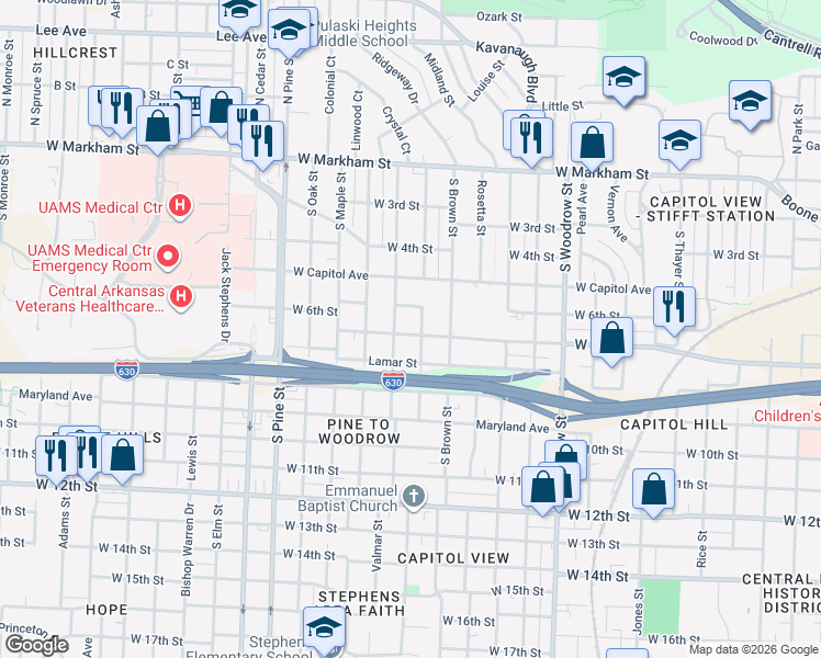 map of restaurants, bars, coffee shops, grocery stores, and more near 3412 West 7th Street in Little Rock