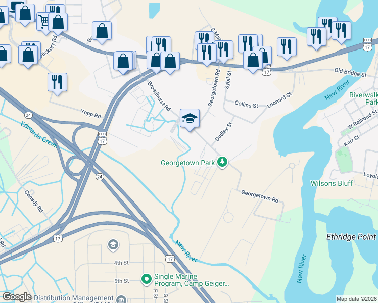 map of restaurants, bars, coffee shops, grocery stores, and more near 200 Broadhurst Road in Jacksonville