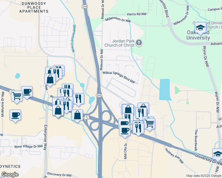 map of restaurants, bars, coffee shops, grocery stores, and more near 1080 Old Monrovia Road Northwest in Huntsville