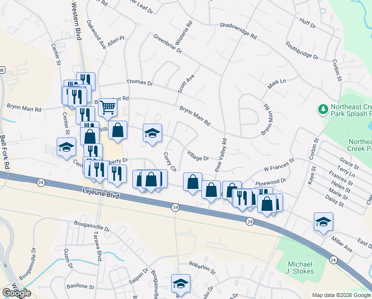 map of restaurants, bars, coffee shops, grocery stores, and more near 199 Village Circle in Jacksonville