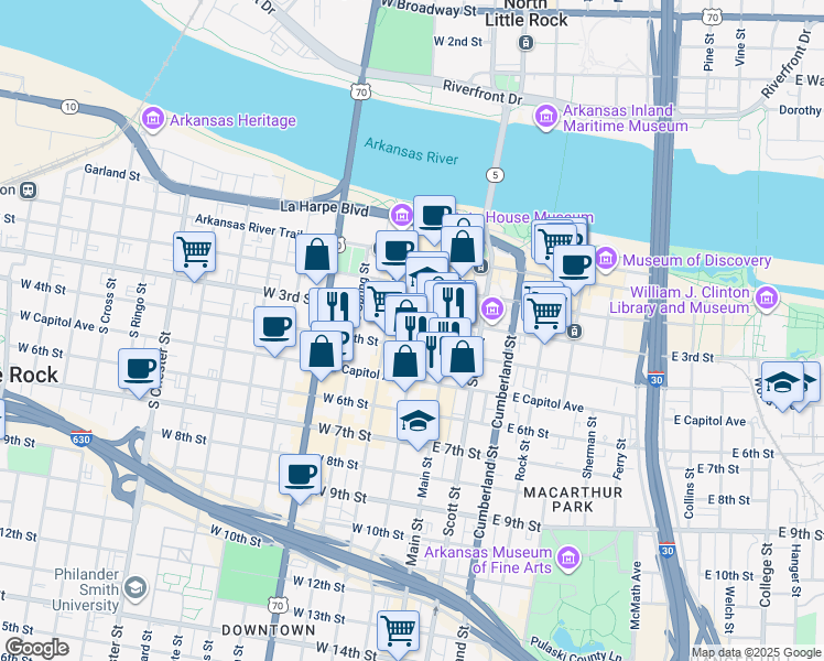 map of restaurants, bars, coffee shops, grocery stores, and more near 308 South Louisiana Street in Little Rock