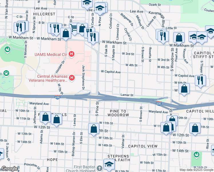 map of restaurants, bars, coffee shops, grocery stores, and more near 609 South Oak Street in Little Rock