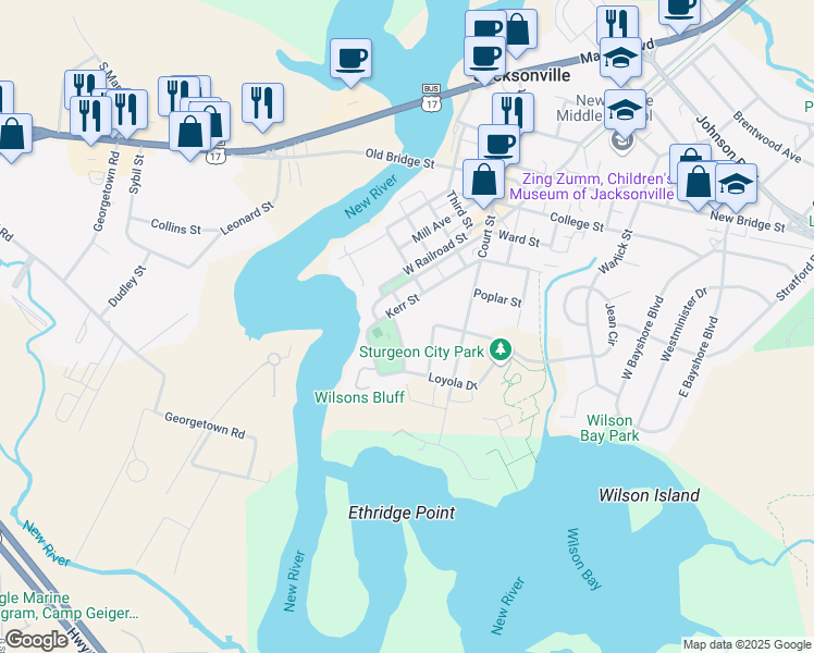 map of restaurants, bars, coffee shops, grocery stores, and more near 114 Spargo Street in Jacksonville