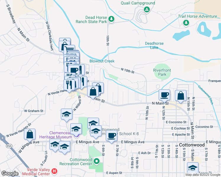 map of restaurants, bars, coffee shops, grocery stores, and more near 801 North 6th Street in Cottonwood