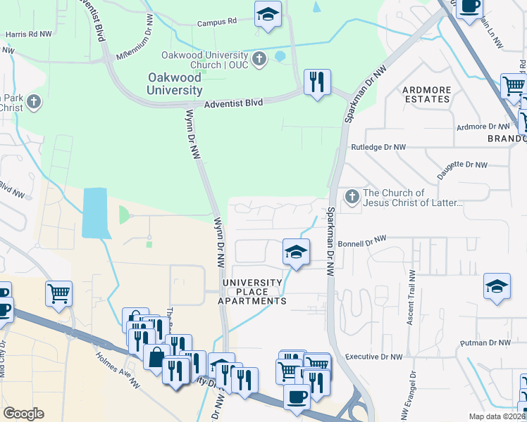 map of restaurants, bars, coffee shops, grocery stores, and more near 5047 7 Pine Circle in Huntsville