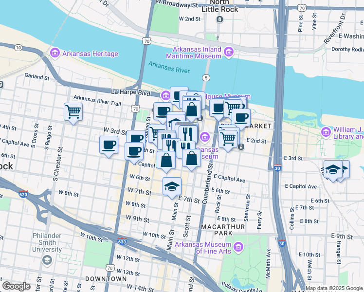 map of restaurants, bars, coffee shops, grocery stores, and more near 300 Main Street in Little Rock