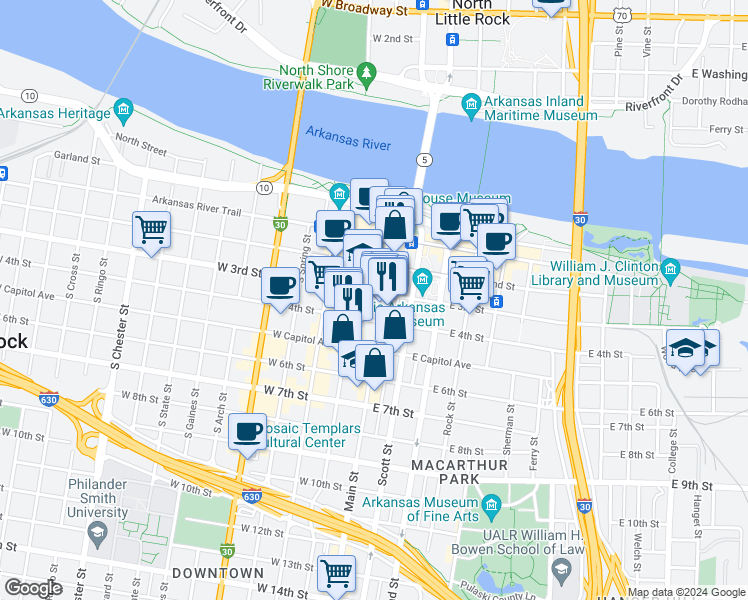 map of restaurants, bars, coffee shops, grocery stores, and more near 304 Main Street in Little Rock