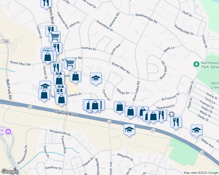 map of restaurants, bars, coffee shops, grocery stores, and more near 207 Corey Court in Jacksonville