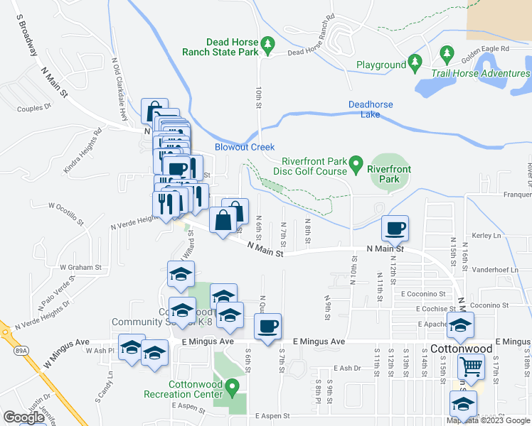 map of restaurants, bars, coffee shops, grocery stores, and more near 801 North 6th Street in Cottonwood