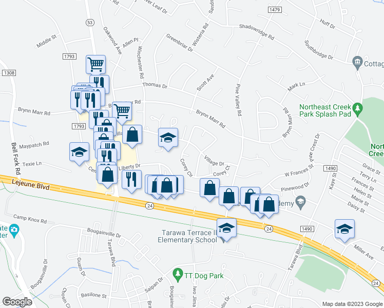 map of restaurants, bars, coffee shops, grocery stores, and more near 207 Corey Court in Jacksonville
