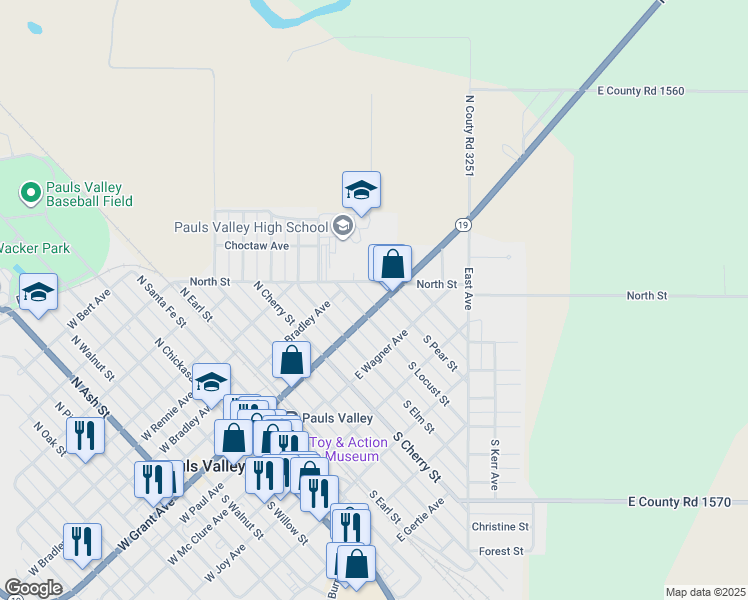 map of restaurants, bars, coffee shops, grocery stores, and more near 713 East Grant Avenue in Pauls Valley