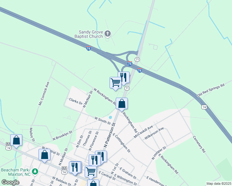 map of restaurants, bars, coffee shops, grocery stores, and more near 638 North Patterson Street in Maxton