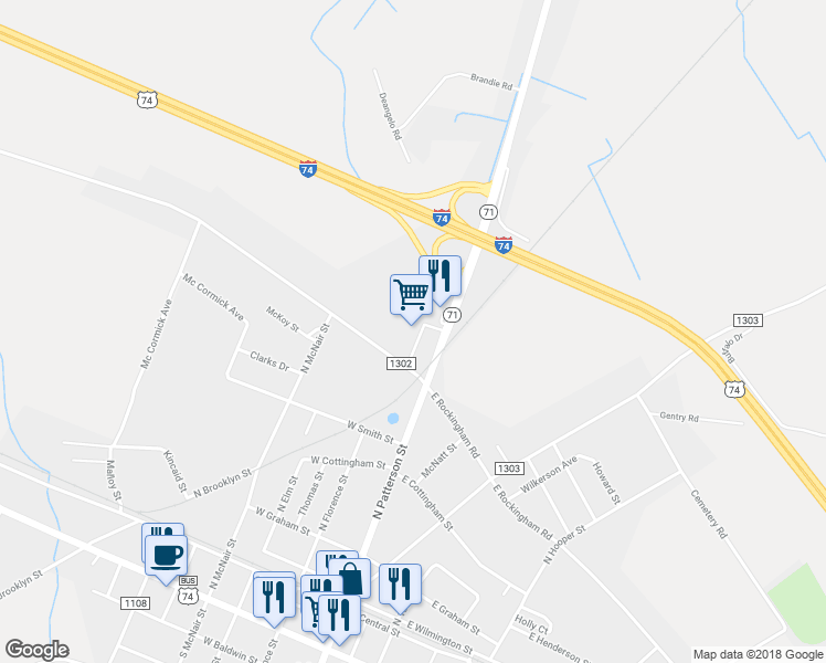 map of restaurants, bars, coffee shops, grocery stores, and more near 638 North Patterson Street in Maxton