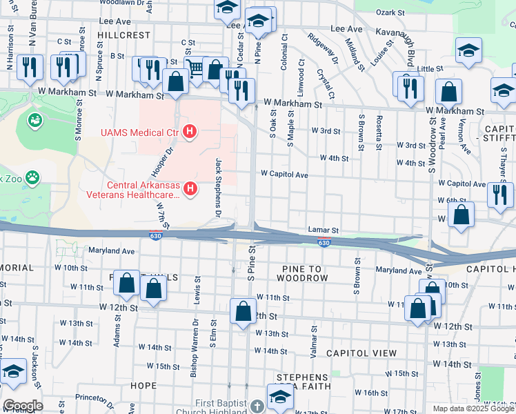 map of restaurants, bars, coffee shops, grocery stores, and more near 617 South Pine Street in Little Rock