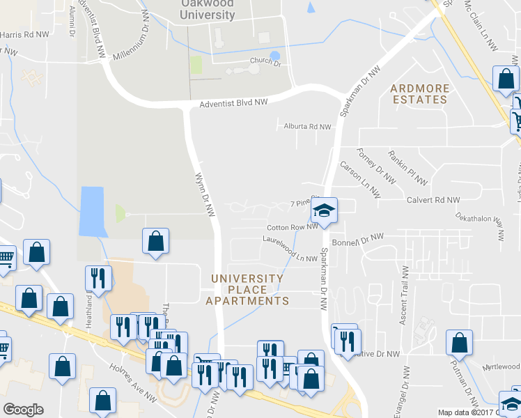 map of restaurants, bars, coffee shops, grocery stores, and more near 5047 7 Pine Circle in Huntsville