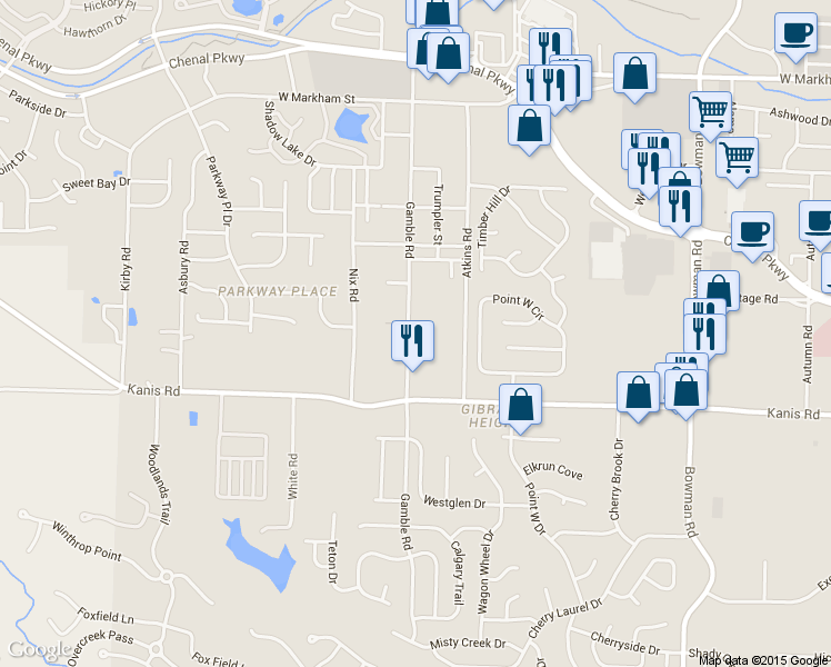 map of restaurants, bars, coffee shops, grocery stores, and more near 1007 Gamble Road in Little Rock