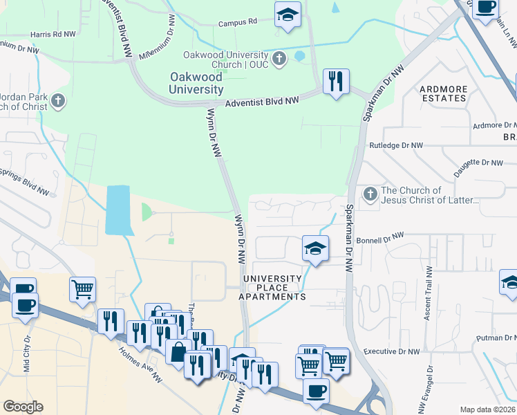 map of restaurants, bars, coffee shops, grocery stores, and more near 5137 7 Pine Circle in Huntsville