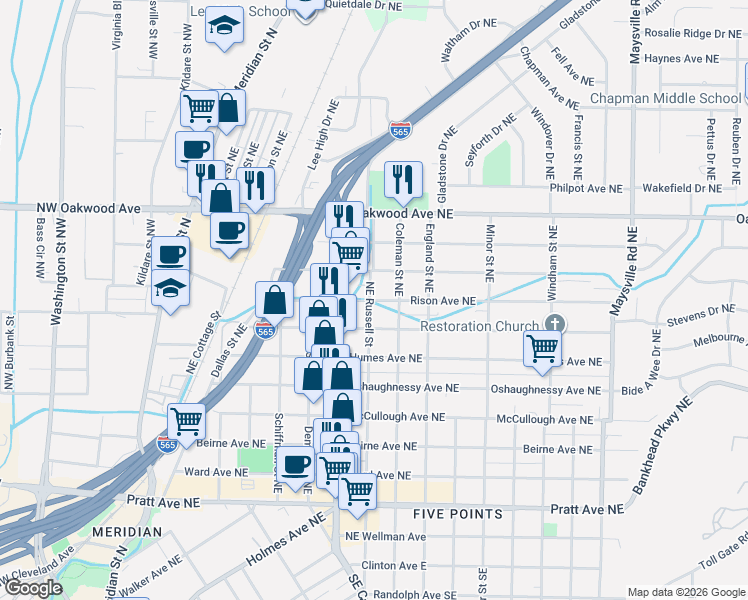 map of restaurants, bars, coffee shops, grocery stores, and more near 722 Rison Avenue Northeast in Huntsville