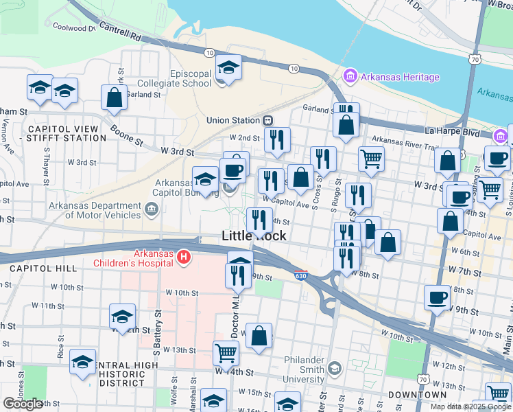 map of restaurants, bars, coffee shops, grocery stores, and more near in Little Rock