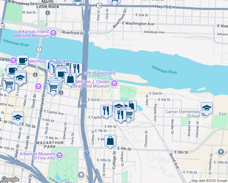 map of restaurants, bars, coffee shops, grocery stores, and more near 1200 President Clinton Avenue in Little Rock