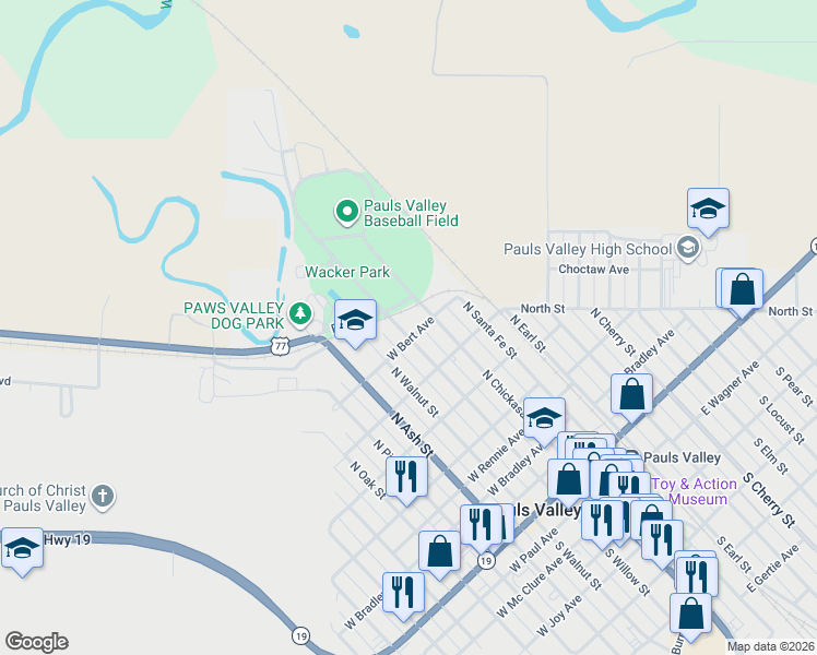 map of restaurants, bars, coffee shops, grocery stores, and more near 900 North Willow Street in Pauls Valley