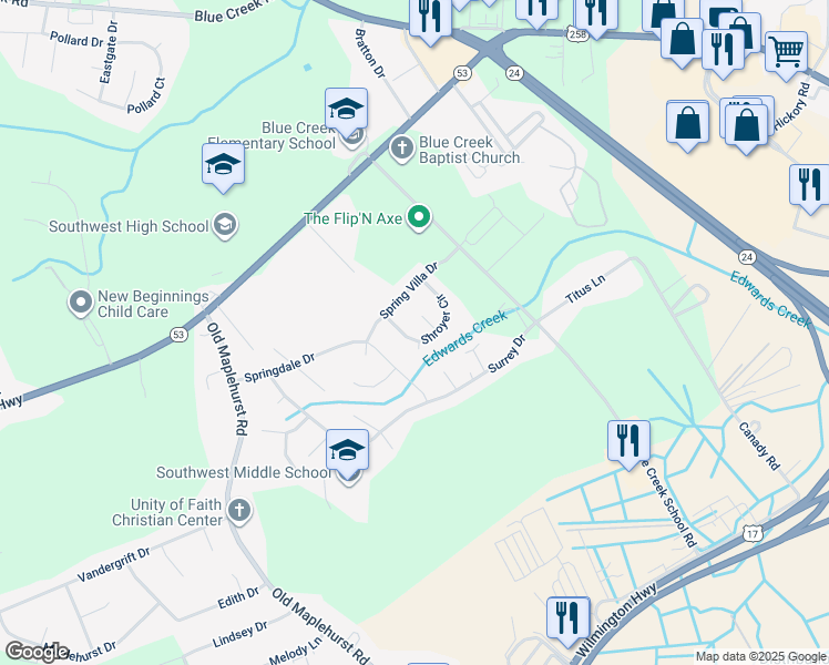 map of restaurants, bars, coffee shops, grocery stores, and more near 1109 Shroyer Circle in Jacksonville