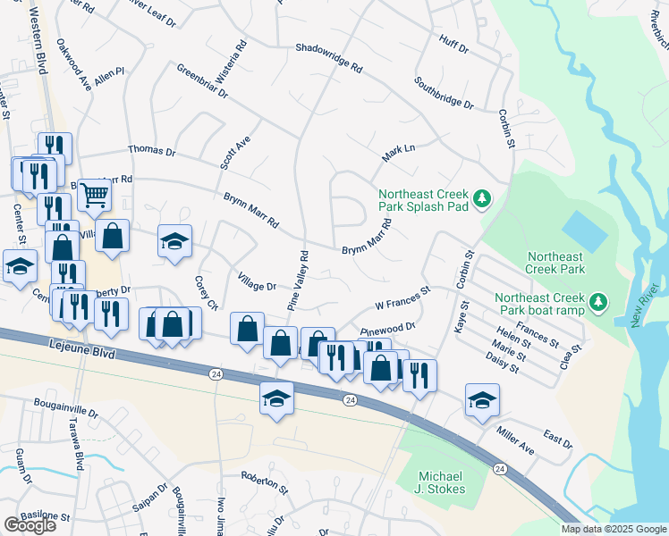 map of restaurants, bars, coffee shops, grocery stores, and more near 115 Twinwood Court in Jacksonville