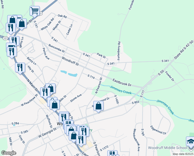 map of restaurants, bars, coffee shops, grocery stores, and more near 219 South 719 in Woodruff