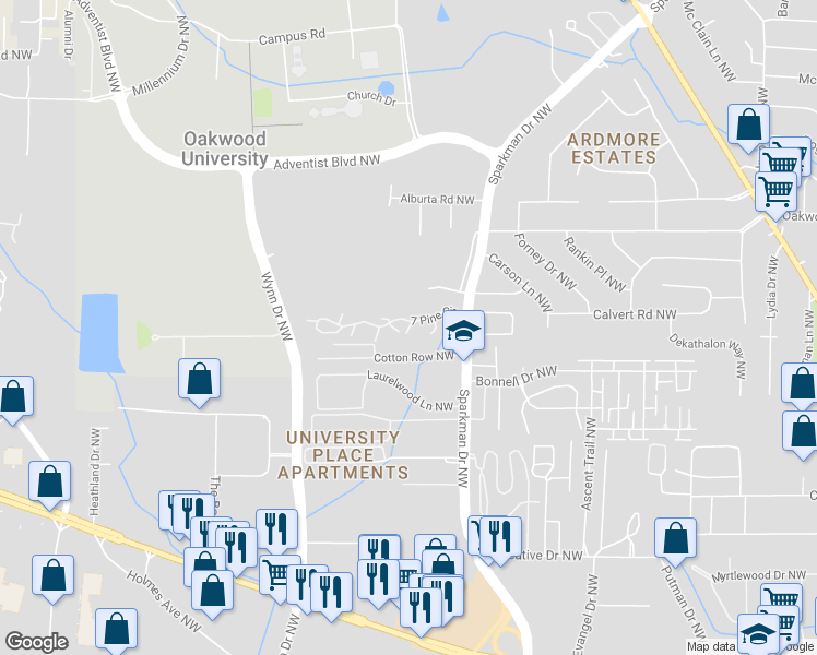 map of restaurants, bars, coffee shops, grocery stores, and more near 5001 7 Pine Circle in Huntsville