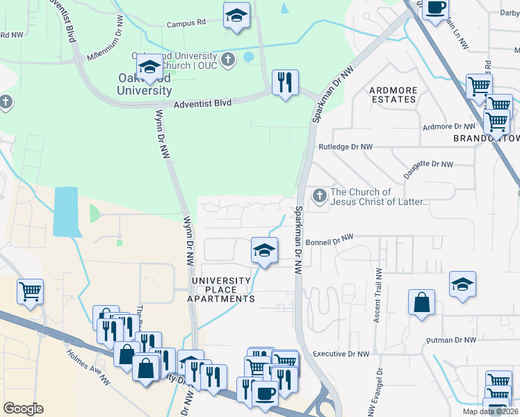 map of restaurants, bars, coffee shops, grocery stores, and more near 5001 7 Pine Circle in Huntsville