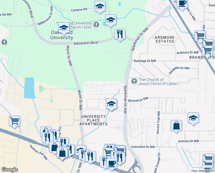 map of restaurants, bars, coffee shops, grocery stores, and more near 5001 7 Pine Circle in Huntsville