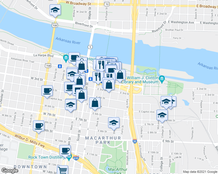 map of restaurants, bars, coffee shops, grocery stores, and more near 315 Rock Street in Little Rock