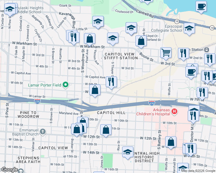 map of restaurants, bars, coffee shops, grocery stores, and more near 600 Thayer Street in Little Rock