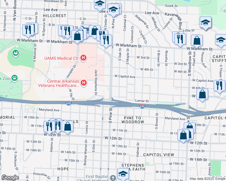 map of restaurants, bars, coffee shops, grocery stores, and more near 617 South Pine Street in Little Rock