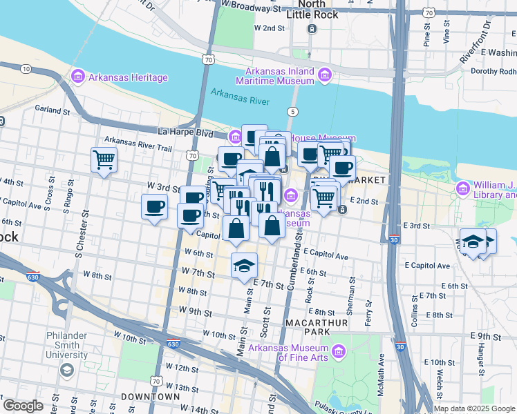 map of restaurants, bars, coffee shops, grocery stores, and more near 300 Main Street in Little Rock