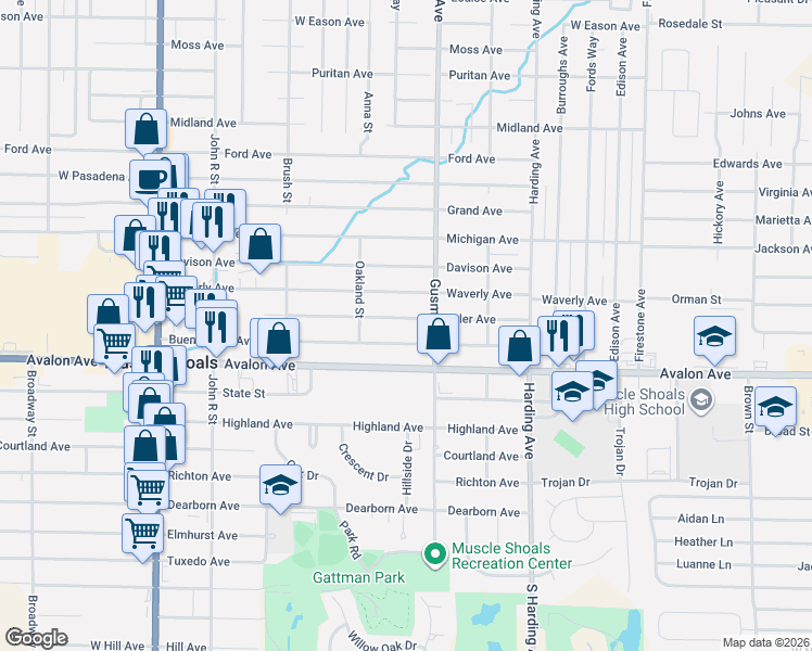 map of restaurants, bars, coffee shops, grocery stores, and more near 912 Tyler Avenue in Muscle Shoals