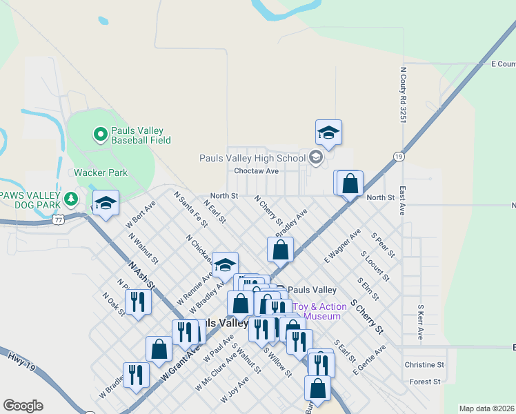 map of restaurants, bars, coffee shops, grocery stores, and more near 413 North Cherry Street in Pauls Valley