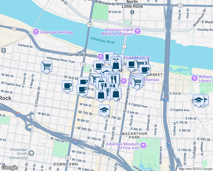 map of restaurants, bars, coffee shops, grocery stores, and more near 123 West 3rd Street in Little Rock