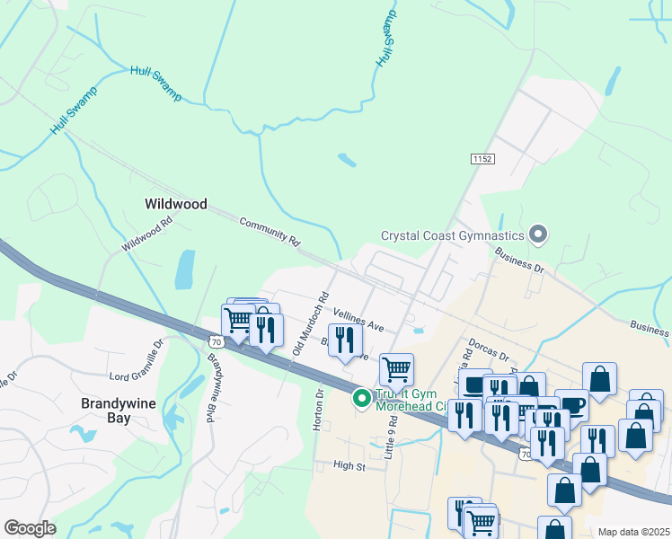 map of restaurants, bars, coffee shops, grocery stores, and more near 180 Community Road in Newport