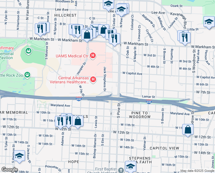 map of restaurants, bars, coffee shops, grocery stores, and more near 613 Jack Stephens Drive in Little Rock