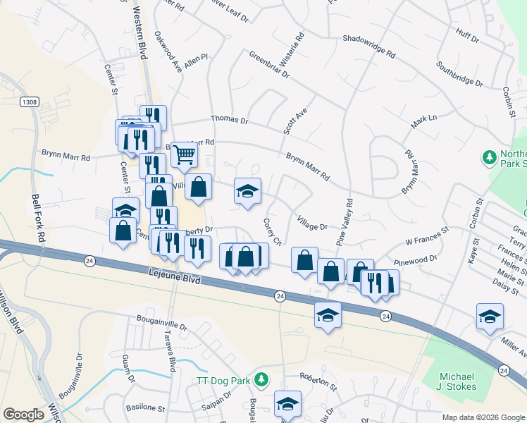 map of restaurants, bars, coffee shops, grocery stores, and more near 111 Corey Circle in Jacksonville