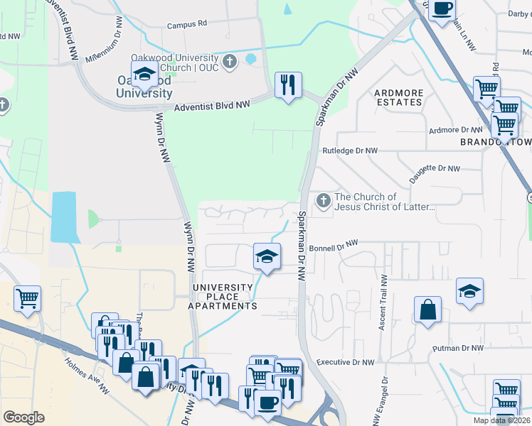 map of restaurants, bars, coffee shops, grocery stores, and more near 5001 7 Pine Circle in Huntsville