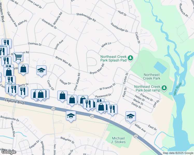 map of restaurants, bars, coffee shops, grocery stores, and more near 105 Meadowview Court in Jacksonville