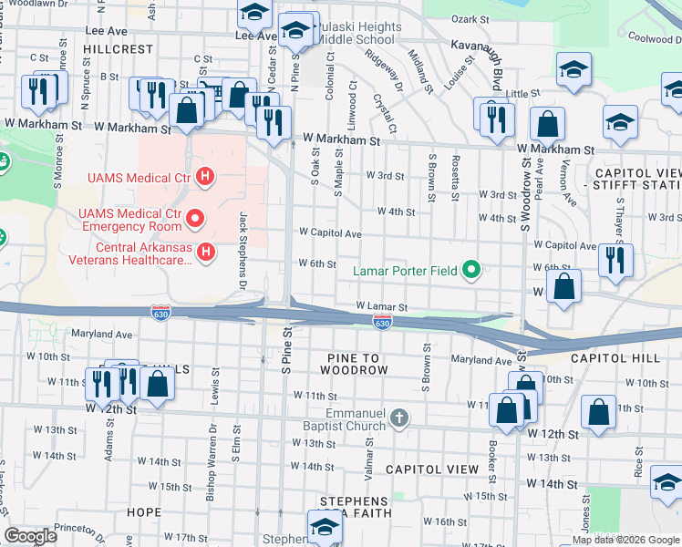 map of restaurants, bars, coffee shops, grocery stores, and more near 610 South Maple Street in Little Rock