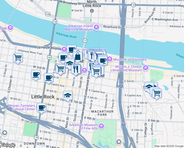 map of restaurants, bars, coffee shops, grocery stores, and more near 300 East 3rd Street in Little Rock