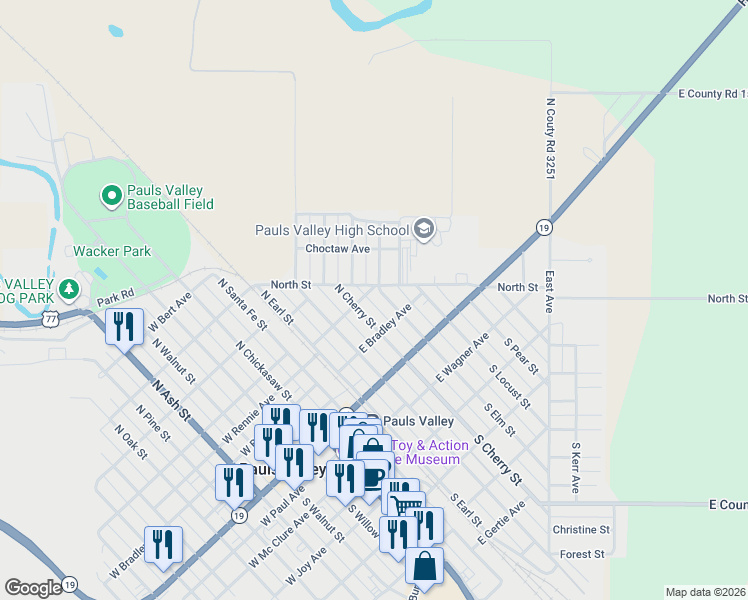 map of restaurants, bars, coffee shops, grocery stores, and more near 319 North Elm Street in Pauls Valley