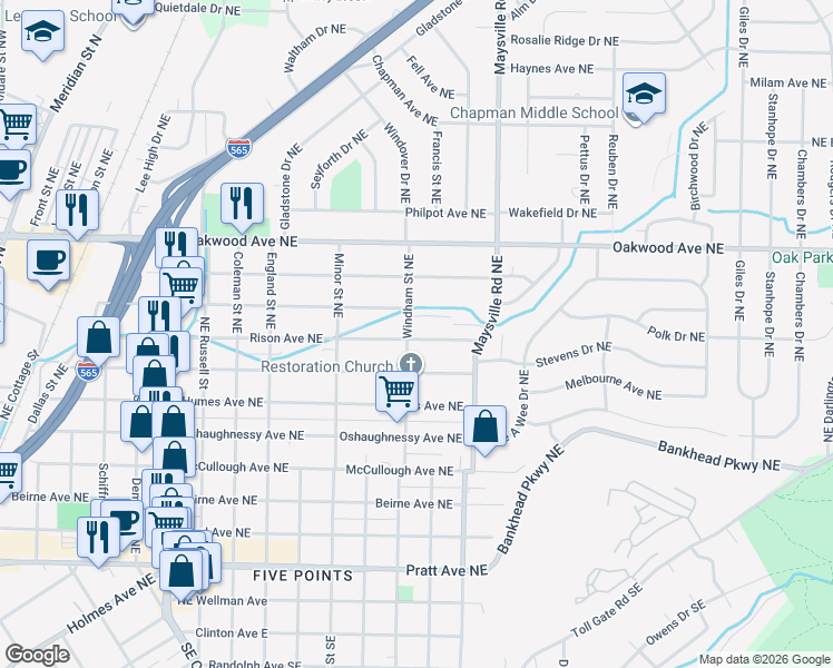 map of restaurants, bars, coffee shops, grocery stores, and more near 1529 Rison Avenue Northeast in Huntsville